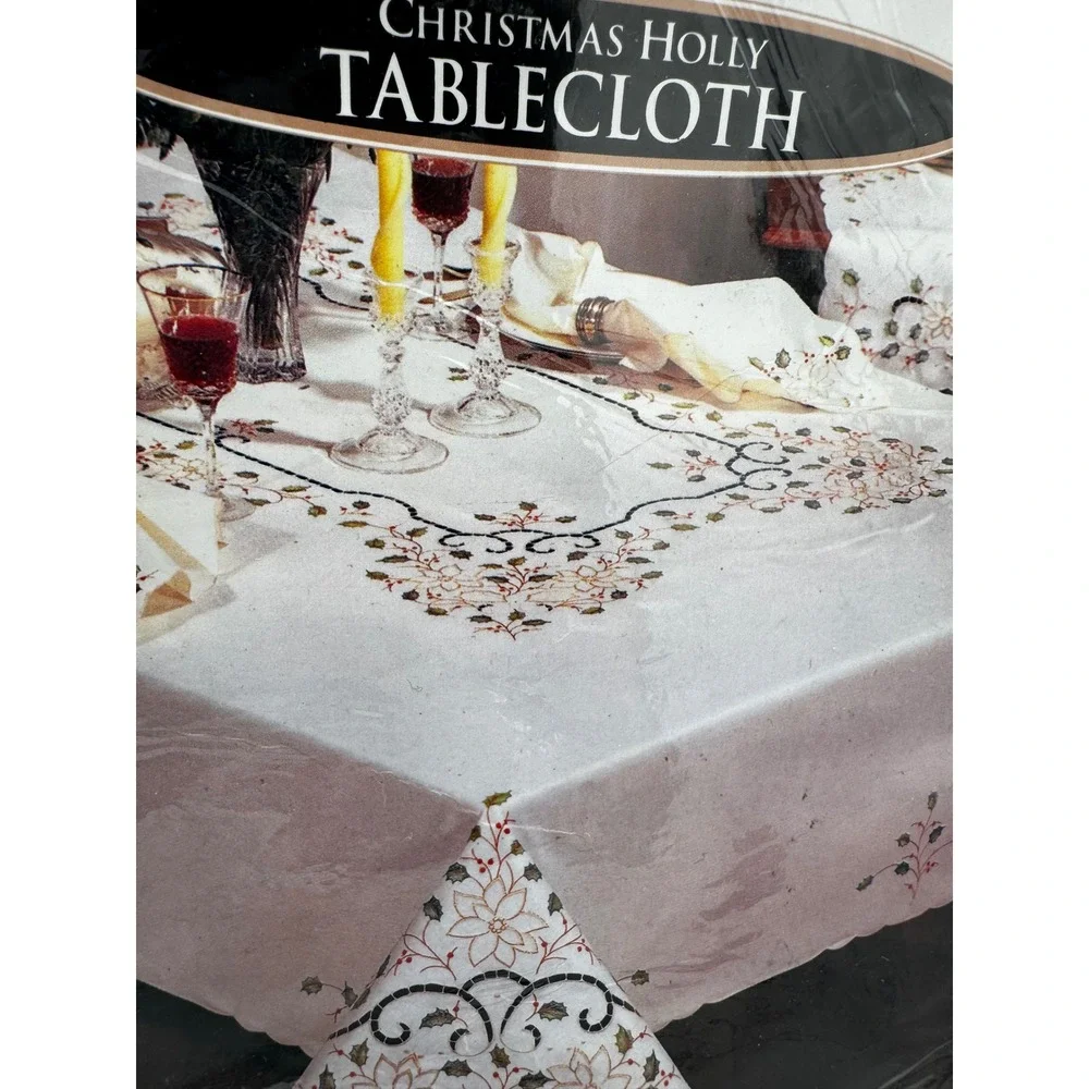 Vtg 1995 Christmas Holly Tablecloth 66x84 Oblong NIP Embroidered Cutwork Ecru